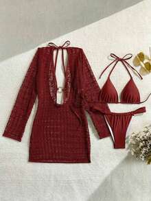 Conjunto de bikini de atar elegante y vintage de color marrón sólido para mujer, ideal para vacaciones y casual. Vestido con textura como cubierta de traje de baño, traje de baño para playa - Burdeos - Ver 2