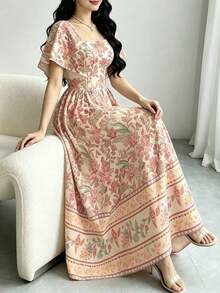 xheModelyn Vestido midi de manga corta con cuello cuadrado y estampado floral, vestido de longitud media con cintura ceñida, vestido largo con estampado floral en negroxhe - Multicolor 3 - Ver 3