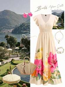xheEllevyn Vestido largo elegante de mujer con cintura fruncida y volantes, vestido de verano para vacaciones, vestido para citasxhe - Multicolor 5 - Ver 10