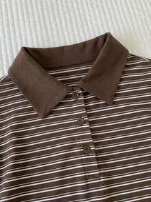 Conjunto de 2 piezas de camiseta de manga corta a rayas y minifalda casual de verano para mujer - Marrón 2 - Ver 5