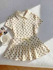 Conjunto de 2 piezas de camiseta de manga corta a rayas y minifalda casual de verano para mujer - Amarillo - Ver 5