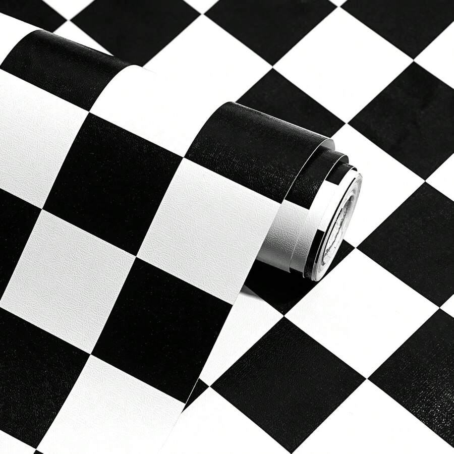 1 Roll Black & White Small Plaid Self-Adhesive Wallpaper, PVC Decorative Wall Paper For Living Room, Bedroom, Furniture, Waterproof, Tear-Resistant, Easy To Install, 17.7inX39.3in/118.1in/196.8in