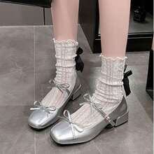 French Haute Couture Bow, Chunky Heel And Square Toe Shoe, New Marijen With Skirt And Red Shoes For Women, Women's Ballerinas - 銀色 - 查看 4