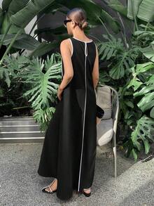 Vestido largo suelto sin mangas de unicolor para mujer, vestidos extra largos con paneles de colores contrastantes - Negro - Ver 2