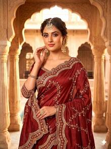 Estationeryhouse Organza Saree With Heavy Gold Embroidery With Blouse Pc - Burgundy - View 2