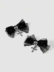 MortiRose 2pcs Gothic Style Lace Ribbon, Crystal Heart & Cross Decor Hair Clips, Suitable For Holiday Outfits, Daily Wear For Gothic Fashion Enthusiasts, Hair Slide, Hair Barrettes, Hair Accessories, Party, Head Accessories, Hairpin - Black - View 9