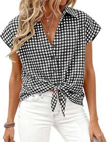 Puff Sleeve Striped Ruffle Blouse V Neck Button Front Summer Top Chic Casual Work Office Outfit For Women - 黑色格子 - 查看 1