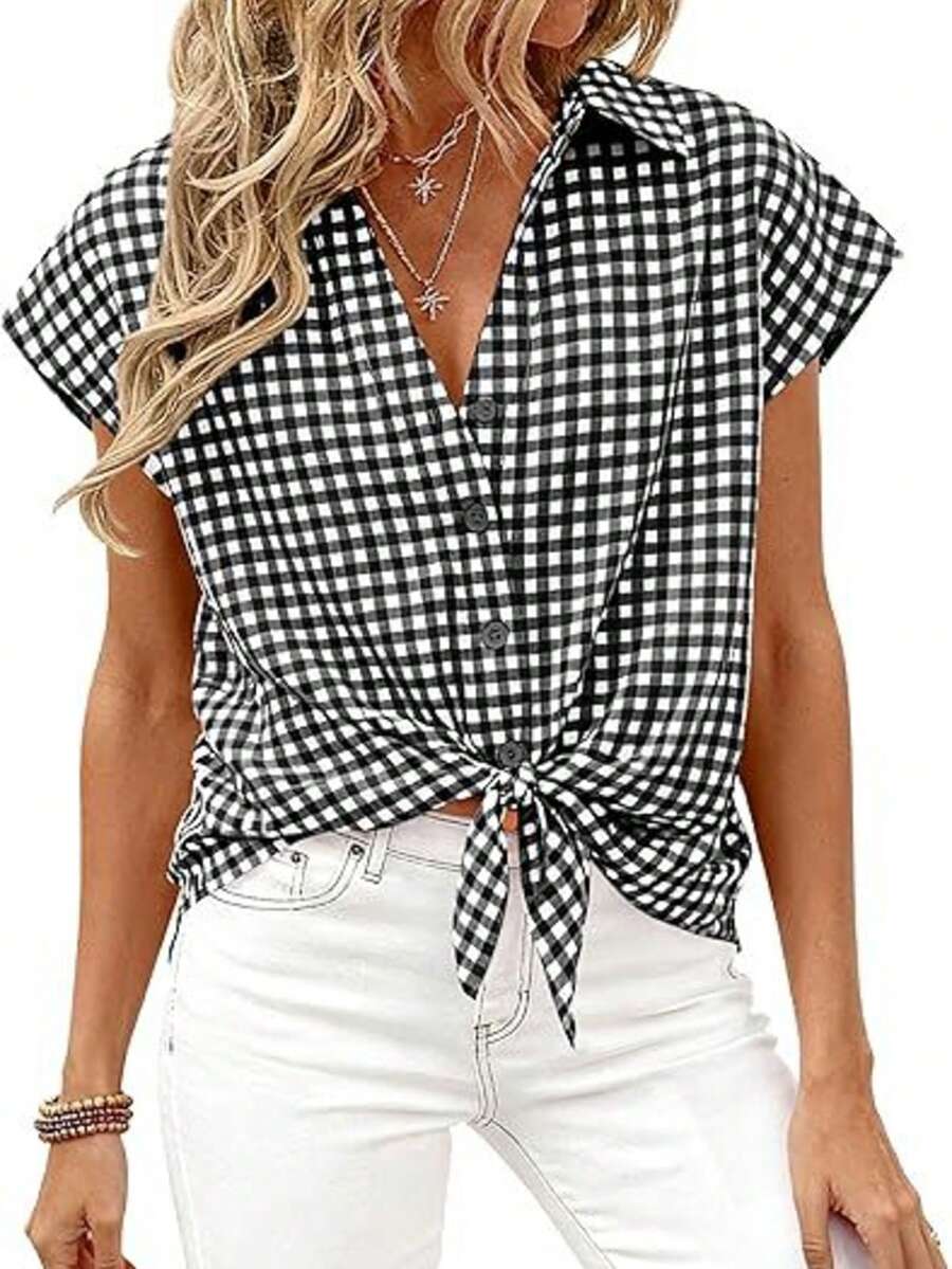Puff Sleeve Striped Ruffle Blouse V Neck Button Front Summer Top Chic Casual Work Office Outfit For Women - 黑色格子 - 查看 1