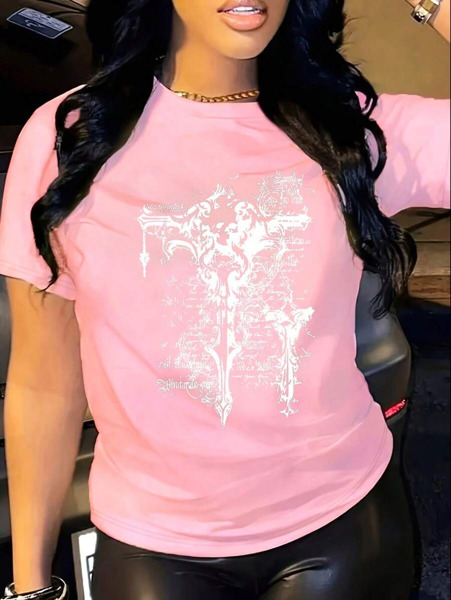 Gothic Cross Script Art Design. Digital Print. Short Sleeves. Unisex. Pure Cotton. Loose And Comfortable. - Pink - View 1