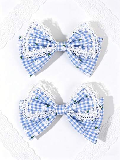 2pcs Blue Plaid Bow Hair Clips, Suitable For Girls, Lace Flower Print Hair Clips, Holiday Accessories, Fashionable Hair Clips Suitable As Gifts For Girls And Teenagers In Spring And Summer Parties