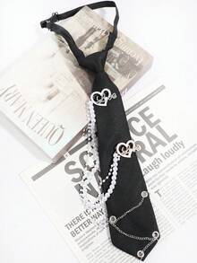 Cà vạt kiểu Punk unisex đính đá hình trái tim và ngọc trai, cà vạt đen phong cách Gothic, phù hợp với phong cách thời trang đường phố JK ngọt ngào và cá tính. - Dây chuyền đính kim cương và ngọc trai hình trái tim (không cần thắt) - Xem 3