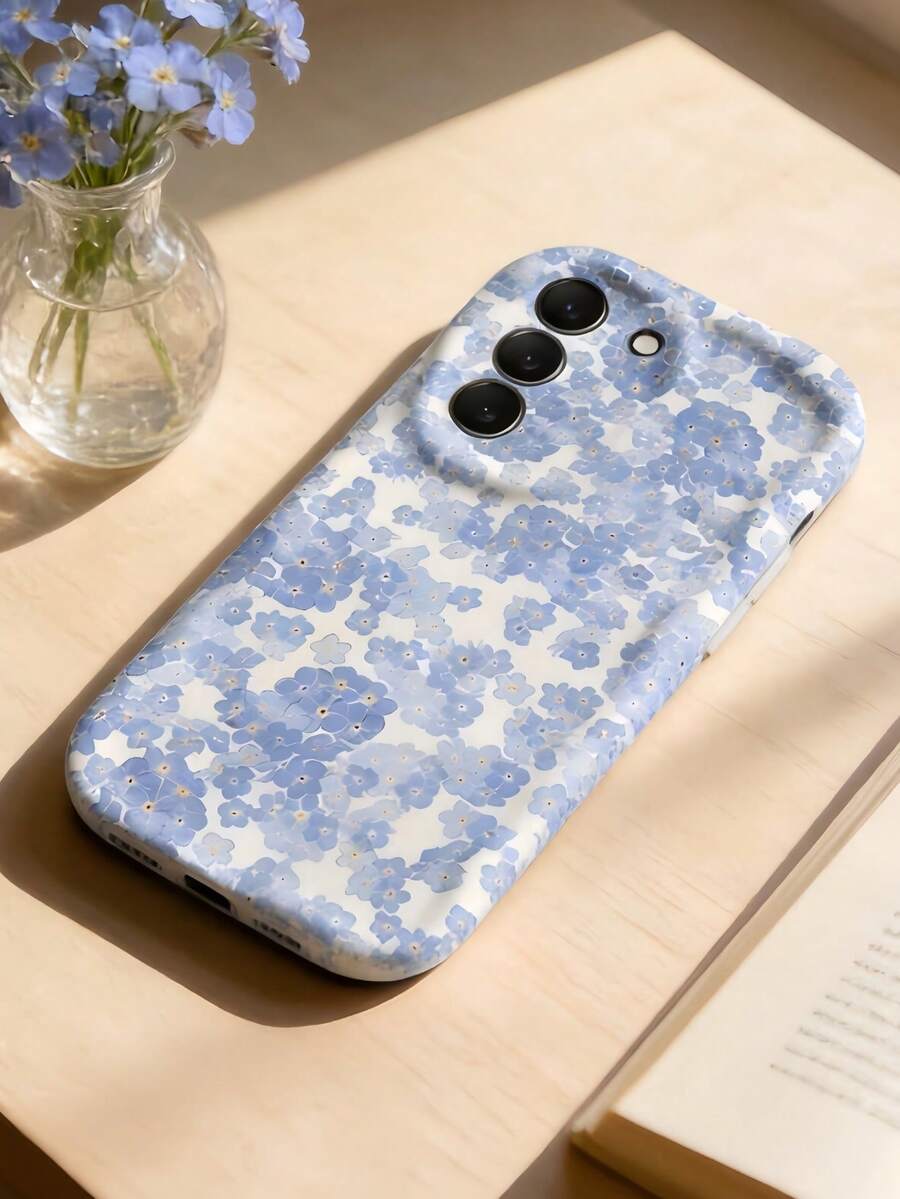 1pc Cream Dopamine Wave Ruffle Soft TPU Texture Phone Case, Cute Blue Ditsy Floral Compatible With Galaxy S21 S22 S23 S24 S25 S26/Honor/ Etc. - White - View 1