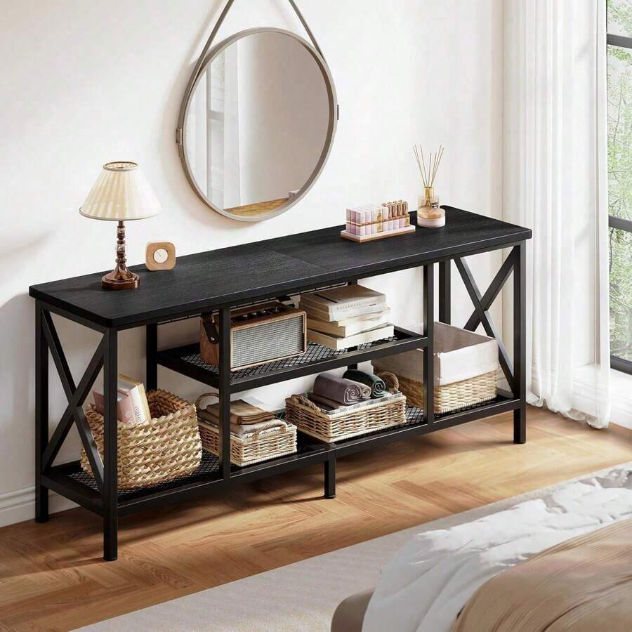 Industrial TV Stand For 55-65 Inch TVs, 60" TV Cabinet With 3 Tier Open Shelves, Entertainment Center TV Console Table With Metal Frame, Sofa Table For Living Room, Bedroom, Office, Valentine's Day Ideas, Black - 灰色 - 查看 1