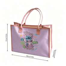 Miniso Disney Lilo & Stitch And Angel Canvas Tote Bag Print On Purple Background Pink Trim Large Capacity Reusable Shopping Handbag Versatile For Work School & Travel - Pink - View 5