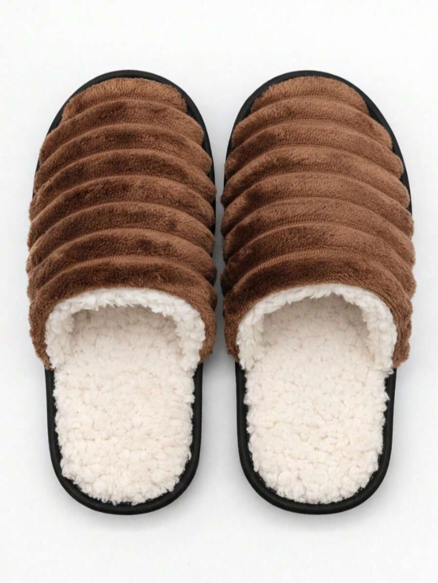 Luxury Chocolate Men's And Women's Warm Winter Slippers, Plush, Non-Slip, Comfortable, Soft, Unisex, Casual Fabric Slippers For Home And Winter - 巧克力棕 - 查看 1
