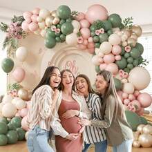 This 135-Piece Pink And Green Balloon Arch Set Includes Metallic Gold, Sand, White, Sage Green, And Pink Balloons, Perfect For Bohemian "Baby In Bloom" Themed Parties, Babyshowers, Bridal Showers, Gender Reveal Parties, And Birthday Party Decorations. - View 5