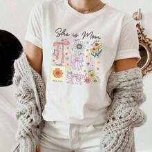 Women's Vintage Retro Printed Loose Fit T-Shirt, Cotton Graphic Crew Neck Tee, Inspirational Floral Print Bow Tee, Casual Short Sleeve T-Shirt, Perfect Gift Idea For Mother's Day. - 白色 - 查看 7