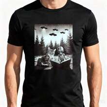 1 Pc Unisex Short-Sleeved T-Shirt In Black And White With Alien And Cat Print, Perfect For Everyday Wear For Science Fiction Enthusiasts. 180g 100% Cotton - 黑色 - 查看 11