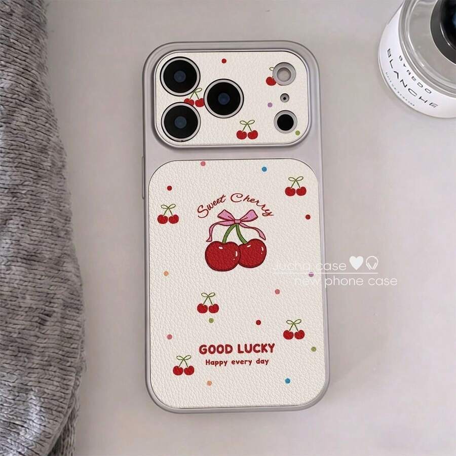 時尚荔枝皮紋大視窗波點櫻桃手機殼,相容 iPhone 17 Pro Max、17 Pro、16 Pro Max、15、14 Pro、13、12 Pro、17,附相機保護,磨砂柔軟防摔保護殼 - 彩色 - 查看 1