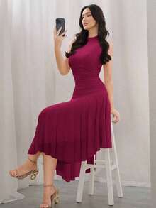 Vestido largo de noche de unicolor y estilo simple sin mangas para mujer - Rojo violeta - Ver 5