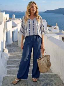 2 piezas Conjunto de top con estampado integral en escote en V y pantalones de unicolor para mujer - Azul - Ver 1