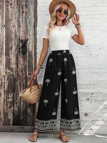 Pantalones anchos de pierna ancha con bolsillo y estampado de palmeras para mujer - Negro - Ver 6