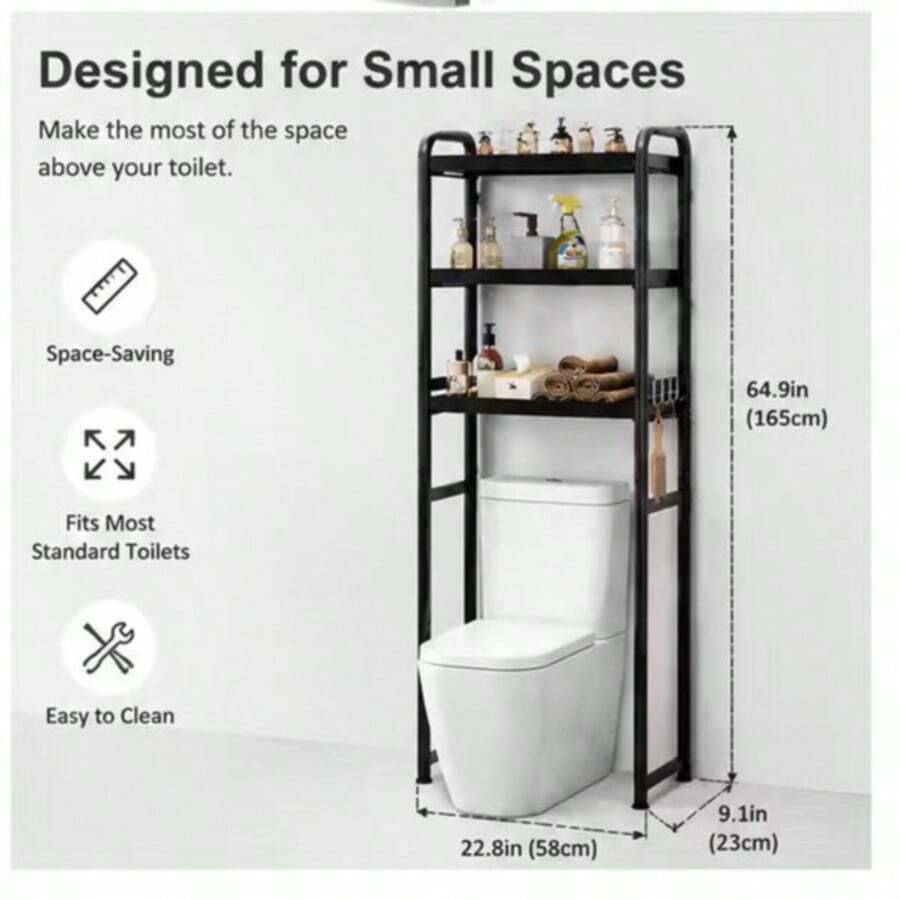 3-Tier Over The Toilet Storage Shelf, Black Freestanding Bathroom Organizer Rack, Space-Saving Toilet Caddy For Towels And Toiletries - Black - View 1