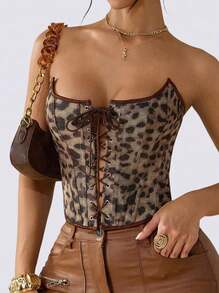 Sedessea Sexy Leopard Print Waist Cincher With Underwire, Open Back Design, Front Lace-Up, Metal Eyelet, Top - Brown - View 1