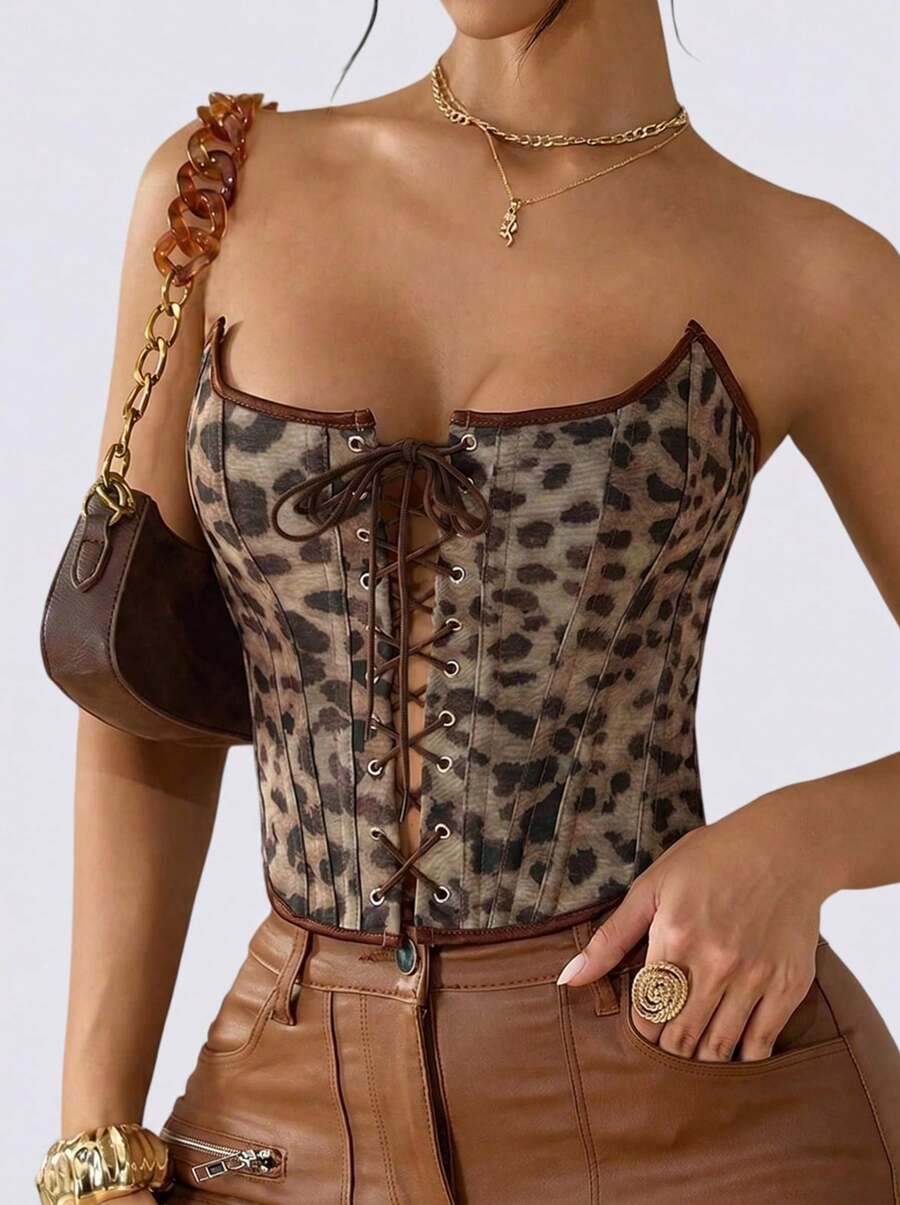 Sedessea Sexy Leopard Print Waist Cincher With Underwire, Open Back Design, Front Lace-Up, Metal Eyelet, Top - Brown - View 1