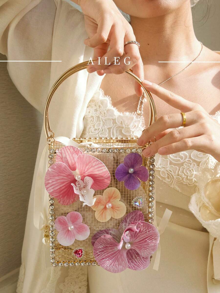 優雅花卉金屬籠晚宴手拿包,水鑽飾邊蘭花手提包,新娘方盒斜背包,適合婚禮、舞會、宴會,搭配正式禮服、婚紗、派對裝扮 - 香檳色 - 查看 1