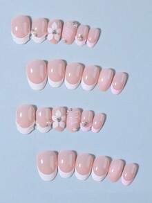 24pcs Short Oval 3D French Style Acrylic Press-On Nails, 3D Flower & Wave Pattern With Luxury Pearl Decor, Create Your Own Summer Nail Art, Enhance Your Elegance, Nail Set Includes 1pc Jelly Glue And 1pc Nail File, Suitable For All Women - Multicolor - View 2
