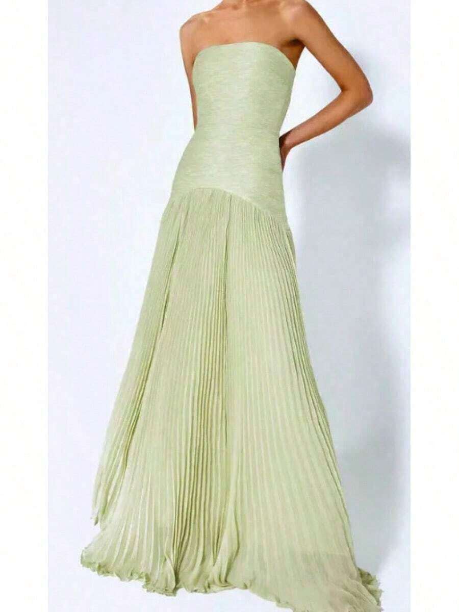 Summer Dresses For Women2026 New Fashion European And American Women Strapless Striped Pleated Dress Casual Summer Sleeveless Mini Dress Party Wear B - 3號綠 - 查看 1