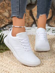 Women's Wide Fit Athletic Shoes, Solid Color Fashion Versatile Lace-Up Breathable Casual Sneakers - White - View 4