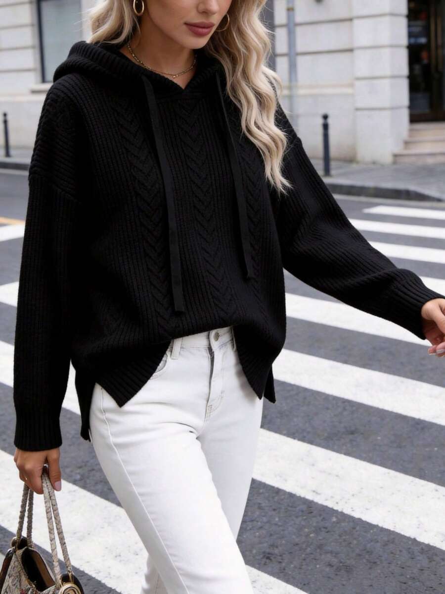 Plus Size Women's Solid Color Drop Shoulder Long Sleeve Drawstring Hooded Loose Sweater - Black - View 1