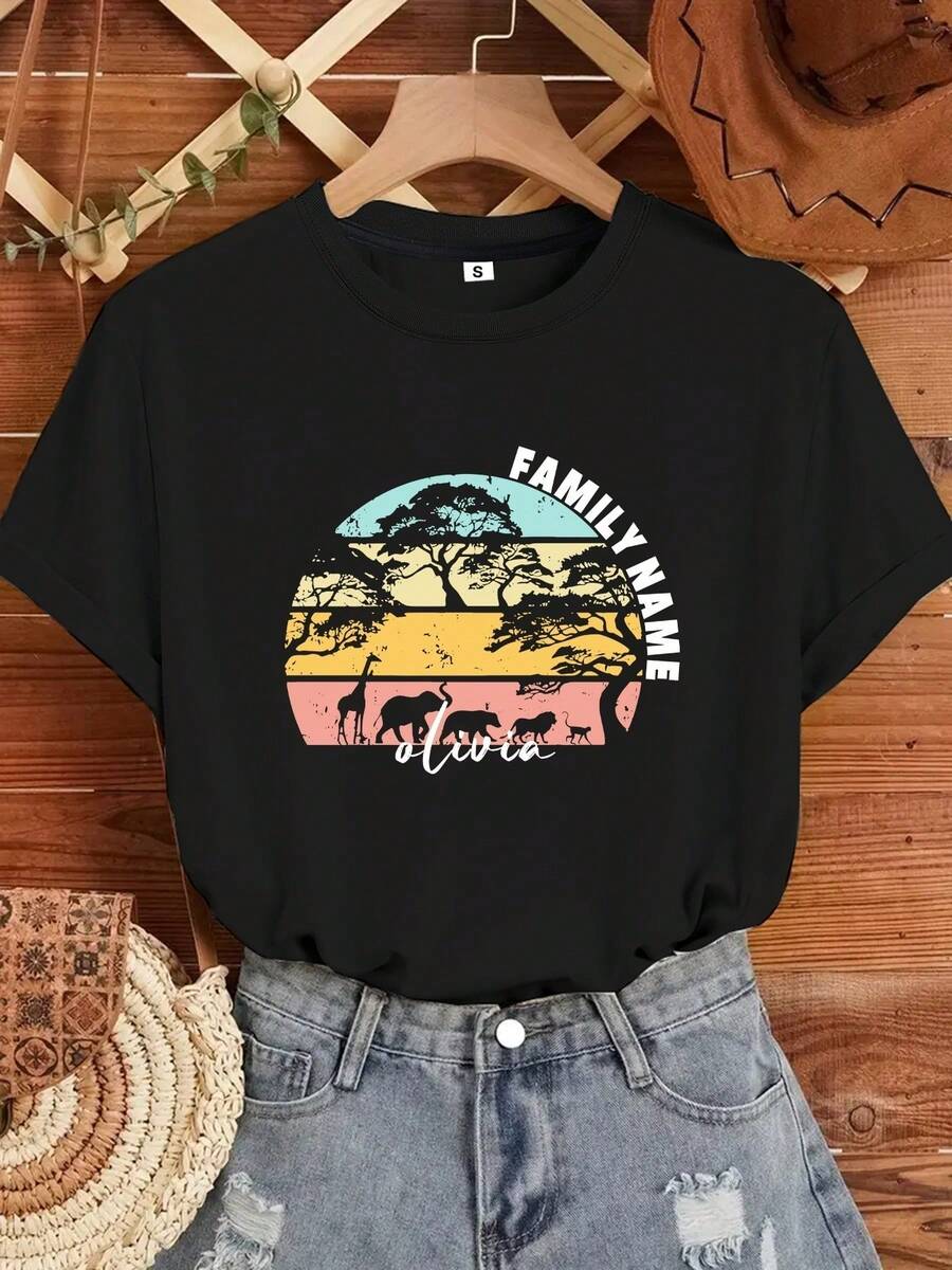 Personalized Family T-Shirts For African Adventures, Custom Hunting T-Shirts, Vintage Nature Style T-Shirts, African Travel T-Shirts, African T-Shirts Suitable For Family Trips, T-Shirts With Personalized Names. Elegant Party Outfit/T-Shirt For Elegant Ladies/Blouses Suitable For Curvy Women/Prom Skirts/Casual Wear - 黑色 - 查看 1