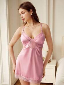 Spring/Summer Women's Lotus Pink Satin Lace Pajama Set, Country Style, Camisole Nightgown + Robe 2-Piece Set, Backless Lace-Up Design, Smooth Skin-Friendly Sexy Loungewear, Ritual Pajamas - Dusty Pink - View 4
