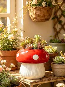 Mushroom Shaped Succulent Planter - Unique Cute Small Succulent Planter With Drainage Hole, Suitable For Indoor Plants And Cacti, Fun Hippie Style, Great Gift Idea Especially For Mother's Day - A - View 2