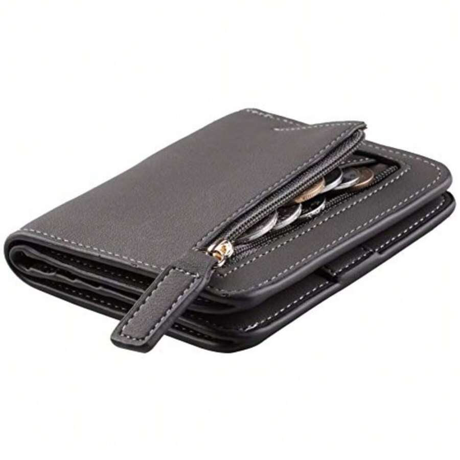 Toughergun Women's Small Slim Leather Wallet with RFID Protection, Compact Bifold Mini Purse with Clear ID Window - 06 ReNapa Gris Profundo - Ver 1