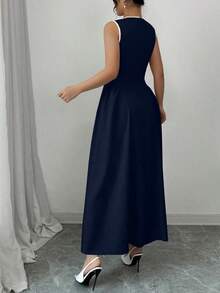 Nuevo vestido de mujer con cuello calado, bloqueo de color, cintura anudada, pliegues laterales, sin mangas, textura plisada, cremallera en la espalda, de moda, juvenil, elegante, versátil, que estiliza la cintura, apto para primavera/verano/otoño/invierno - Azul marino - Ver 2