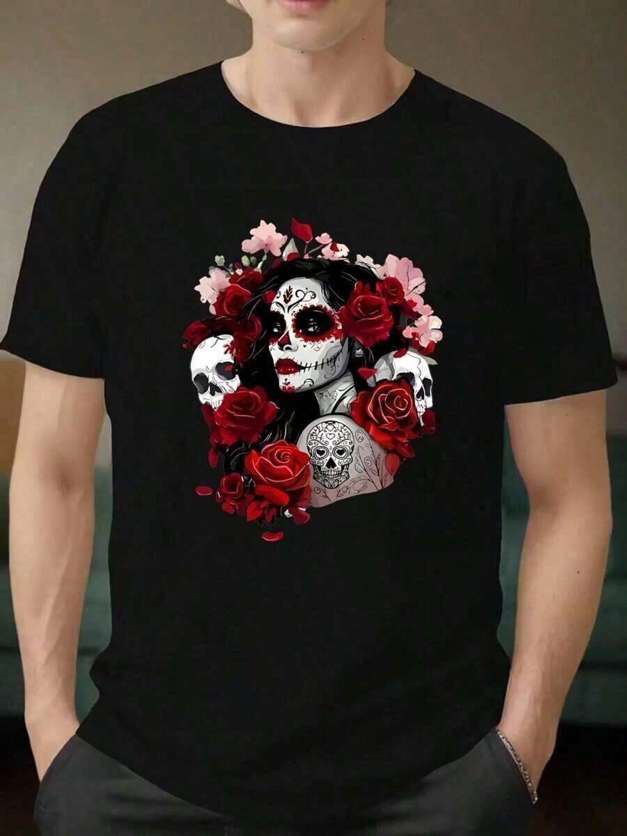 Fashion In All Men's Clothing T Black T-Shirt With Skull And Red Rose Print For Day Of The Dead, Ideal For Theme Parties And Cultural Celebrations 100% Cotton - 黑色 - 查看 1