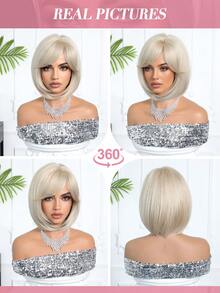 10 Inch Short Straight Bob Wig, Golden Color Highlights With Dark Roots, Suitable For Daily Makeup And Parties, High-Temperature Fiber Synthetic Hair - Blonde Ombre - View 9