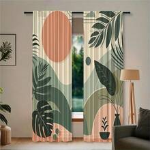 2pcs Tropical Leaf Pattern Semi-Blackout Curtains, No Drill Rod Pocket Design, Casual Style For Living Room, Kitchen, Home Decor, Polyester Fabric, Machine/Hand Washable - Multicolor - View 2