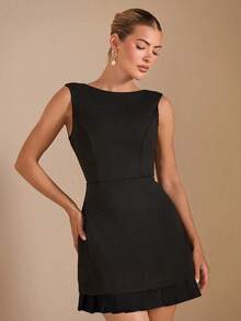 Vestido plisado de mujer con detalles de encaje floral de contraste en blanco y negro, apto para usar en una cita romántica y dulce en verano o en otoño - Negro - Ver 7