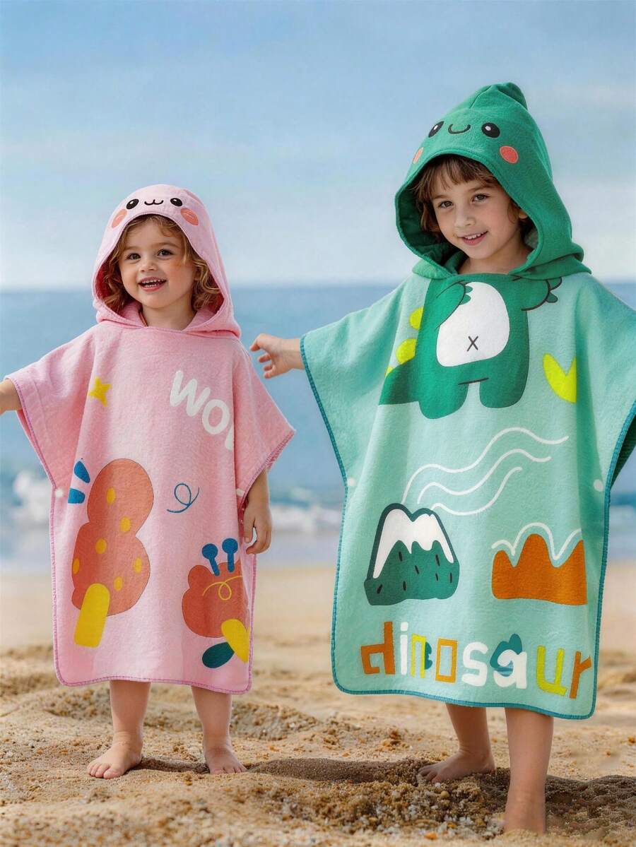 1pc Kids Cartoon Hooded Bathrobe, Cute Cartoon Print, Baby Absorbent Quick-Dry Bath Towel Cloak, Cartoon Hooded Design, Essential For Baby Bath/Swimming/Beach! - Children's Cartoon Hooded Bathrobe - View 1