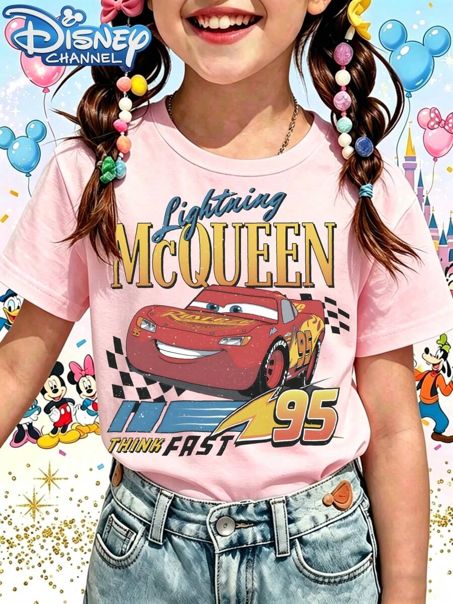 Disney T-Shirt Short Sleeves Are Made Of 100% Pure Cotton FabricGirls Pink Short Sleeve T Shirt Lightning McQueen Cars 95 Think Fast Print Cartoon Design For Disney Fans Casual WearA Gift Suitable For Girls - Hồng - Xem 1