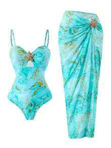 Swim Set de 2 piezas de vestido largo y traje de baño de alta gama con tirantes finos y decoración de estrella de mar, unicolor para mujer en verano - Multicolor - Ver 3