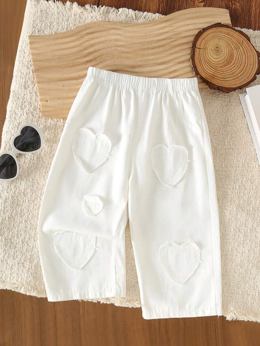 Celana Jeans Denim Motif Hati Kasual untuk Bayi Perempuan, Musim Panas - Putih - View 1