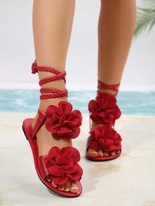 Summer Floral Tie-Up Sandals, Woven Wrap-Around Flat Roman Shoes, Goddess Style Open Toe Beach Shoes For Holiday - Red - View 3