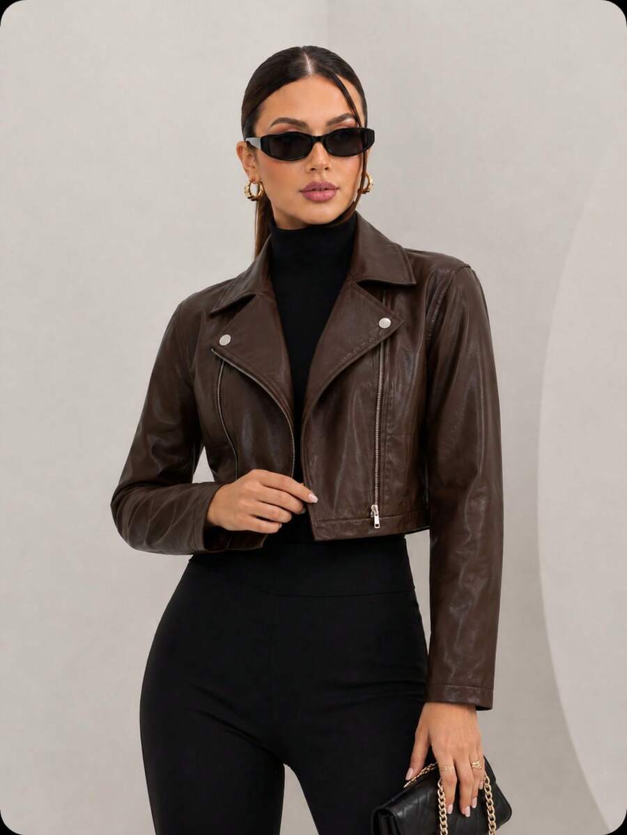 Stylish Women's Faux Leather Jacket With Zipper And Button Closure, Comfortable, Perfect For June Festivals, Winter, And Autumn. - 鏽棕色 - 查看 1