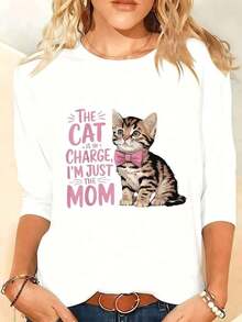 Camiseta de manga larga para mujer de talla grande con estampado de gato y patas - Top cómodo con cuello adecuado para mujeres con curvas, ideal para uso diario en primavera/otoño, blusa casual lavable a máquina para mujer (ropa con temática de gatos). FDXA - Blanco - Ver 8
